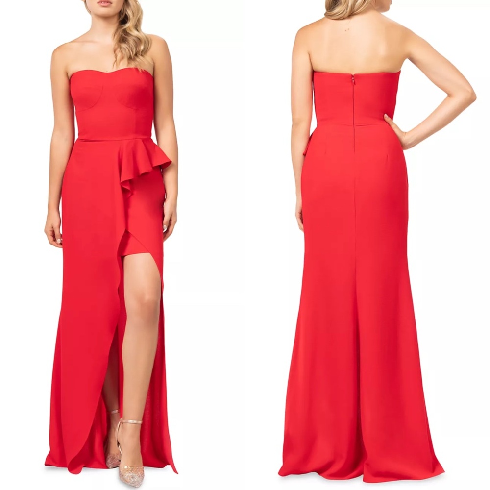 NEW DRESS THE POPULATION Rouge Red KAI Bustier RUFFLE Crepe STRAPLESS GOWN XL